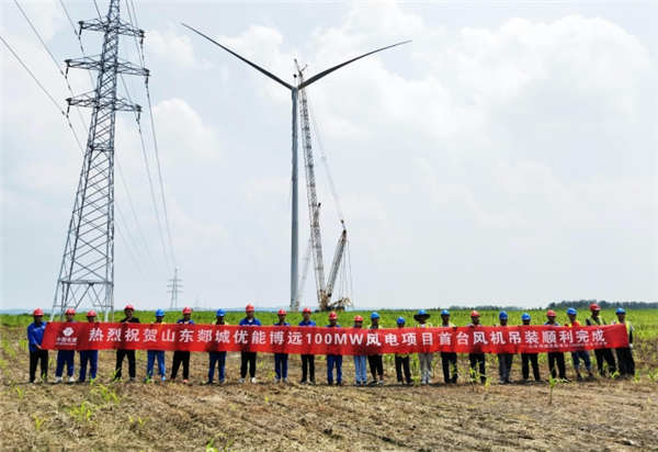 郯城优能博远100兆瓦风电项目首台风机吊装圆满完成